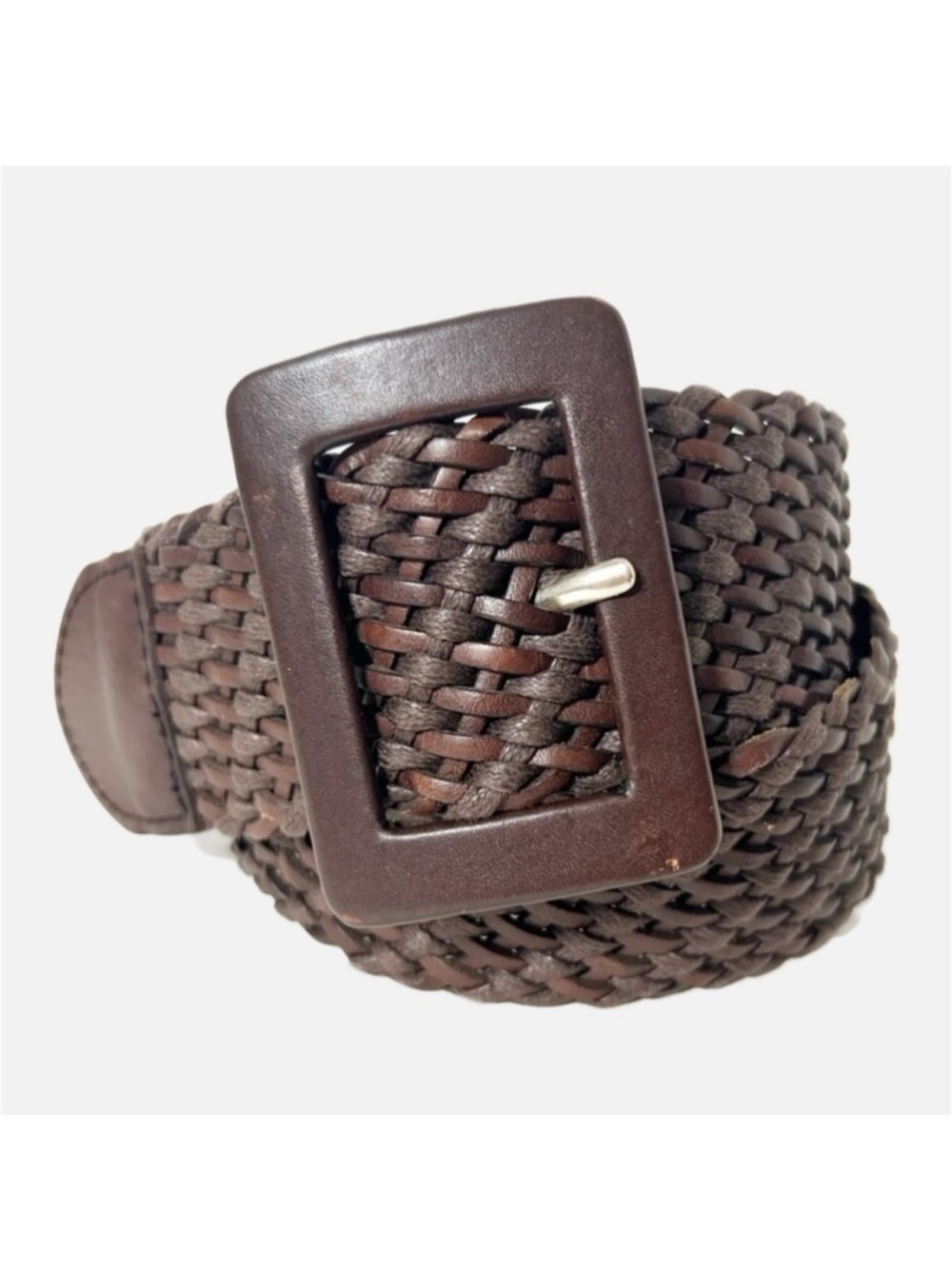 Calvin Klein Oversized Leather Covered Buckle Dark Brown Woven Leather Jute Belt